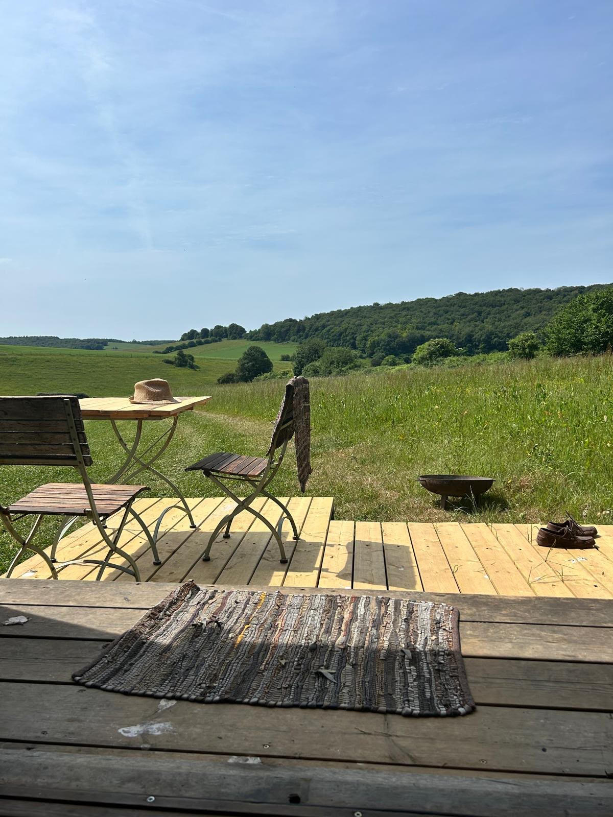 Kalou cabin deck and terrace, looking out over the South Downs, West Sussex
