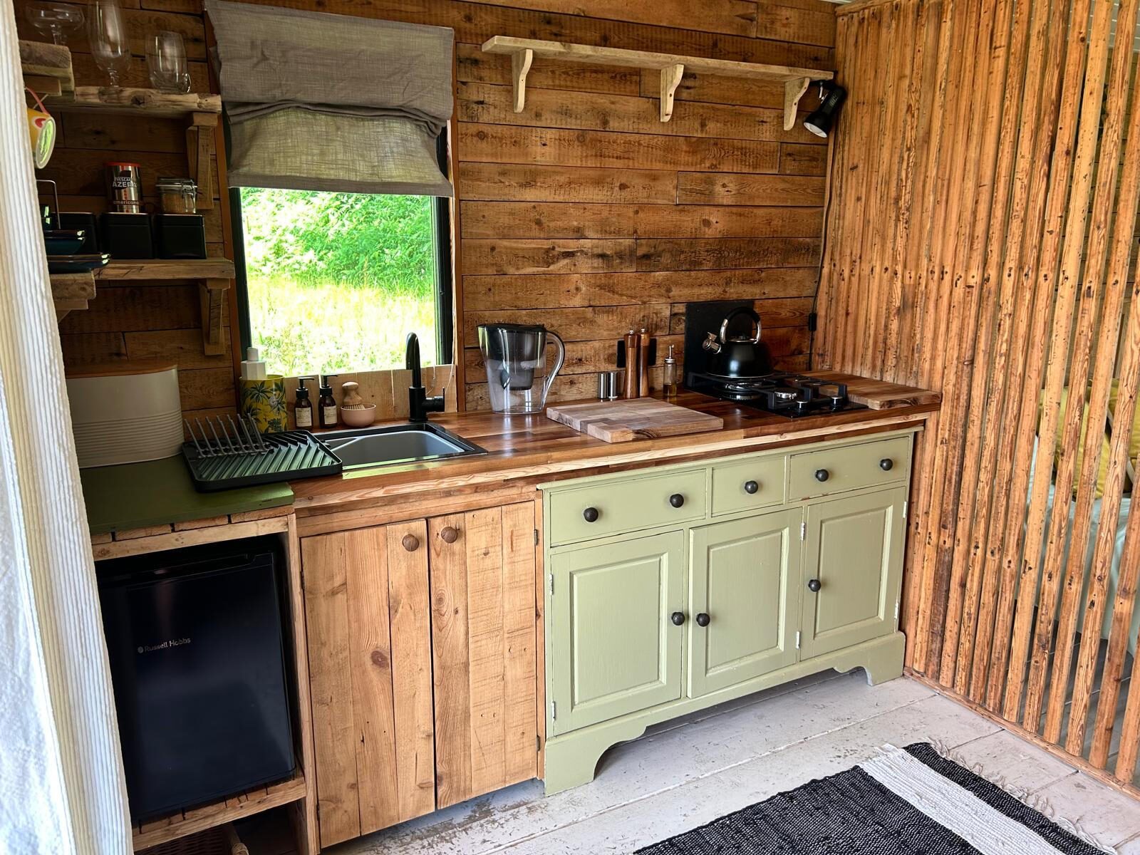 Kalou cabin full kitchen — gas hob, sink and worktop, East Dean, Goodwood, West Sussex